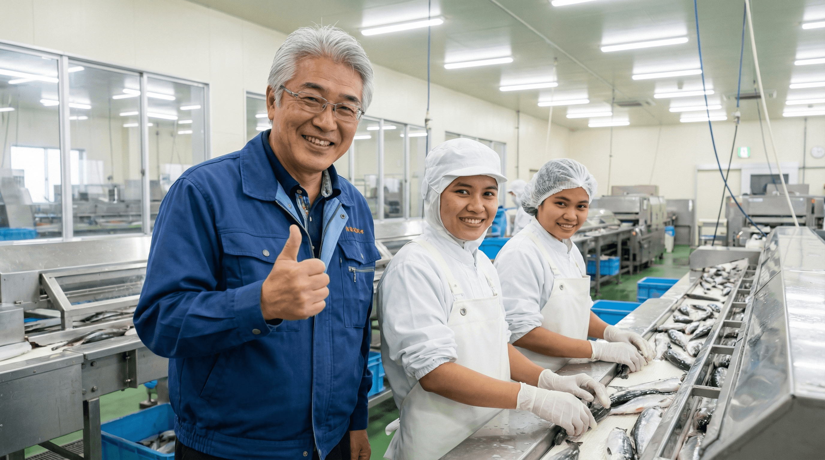 加工ラインで機敏に働く実習生とOKサインを出す社長