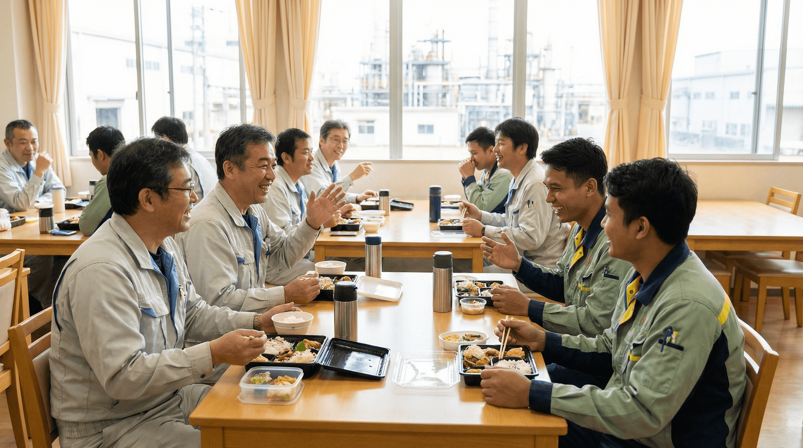 工場の休憩スペースで実習生と楽しく食事をする従業員たち